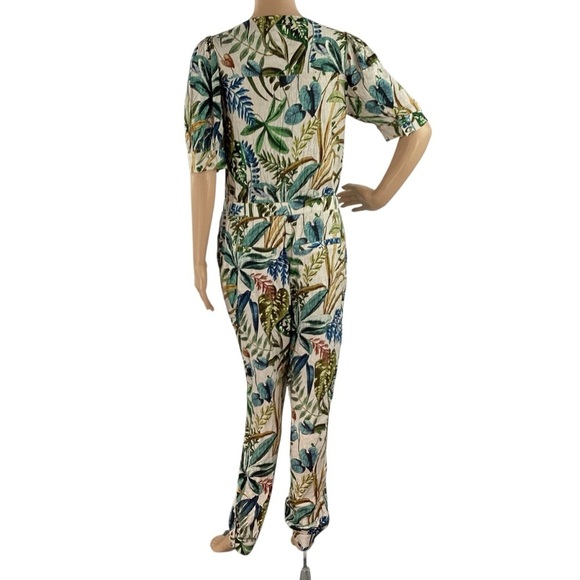 Chaser Tropical Botanical Print Button Front Short Sleeve Jumpsuit S - Picture 5 of 6